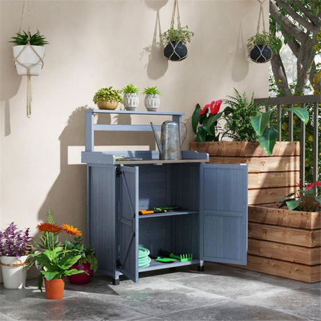 CIPACHO Outdoor Potting Bench with Storage Cabinet, Solid Fir Wood Potting Table with Storage Shelf & Galvanized Tabletop, Garden Table Work Bench Station Planting for Patio Backyard (Grey) CIPACHO