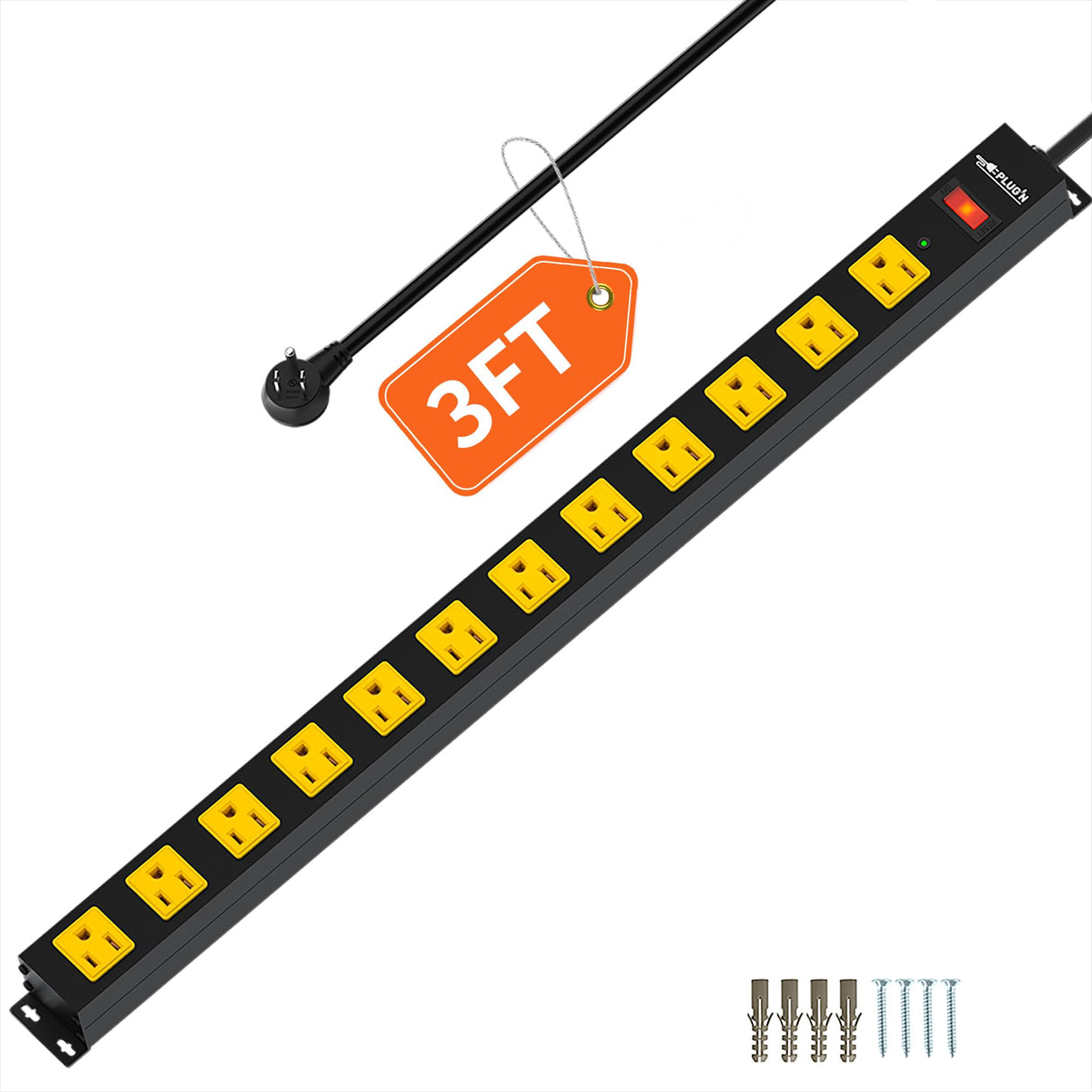 12 Outlet Long Power Strip, 3FT Power Cord, 2100 Joules Surge Protector, Wide Spaced Outlet Power Bar, Overload Protection Switch, Industrial Heavy Duty for Work Bench, Shop, Garage Plug'n