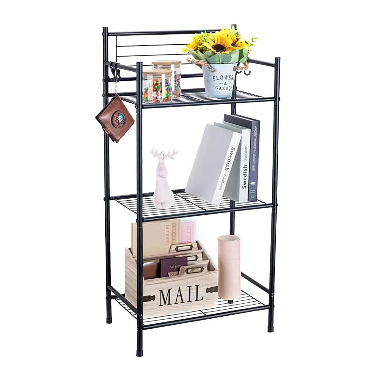 L&H UNICO 3-Shelf Tier Standing Unit Storage Wire Shelving Multipurpose Rack Organizer with 4-Hooks for Bathroom Laundry Kitchen Office, Black L&H UNICO