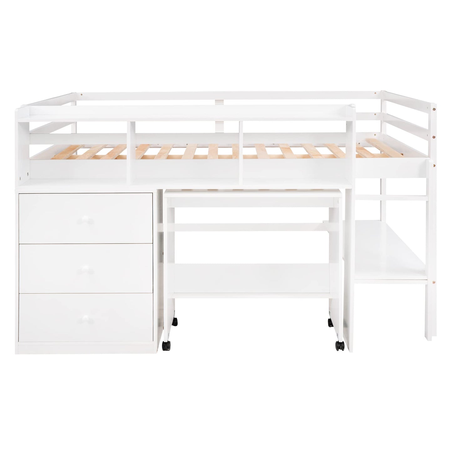 BOVZA Full Size Low Loft Bed with Portable Desk, Drawers, and Shelves in White - WoodArtSupply