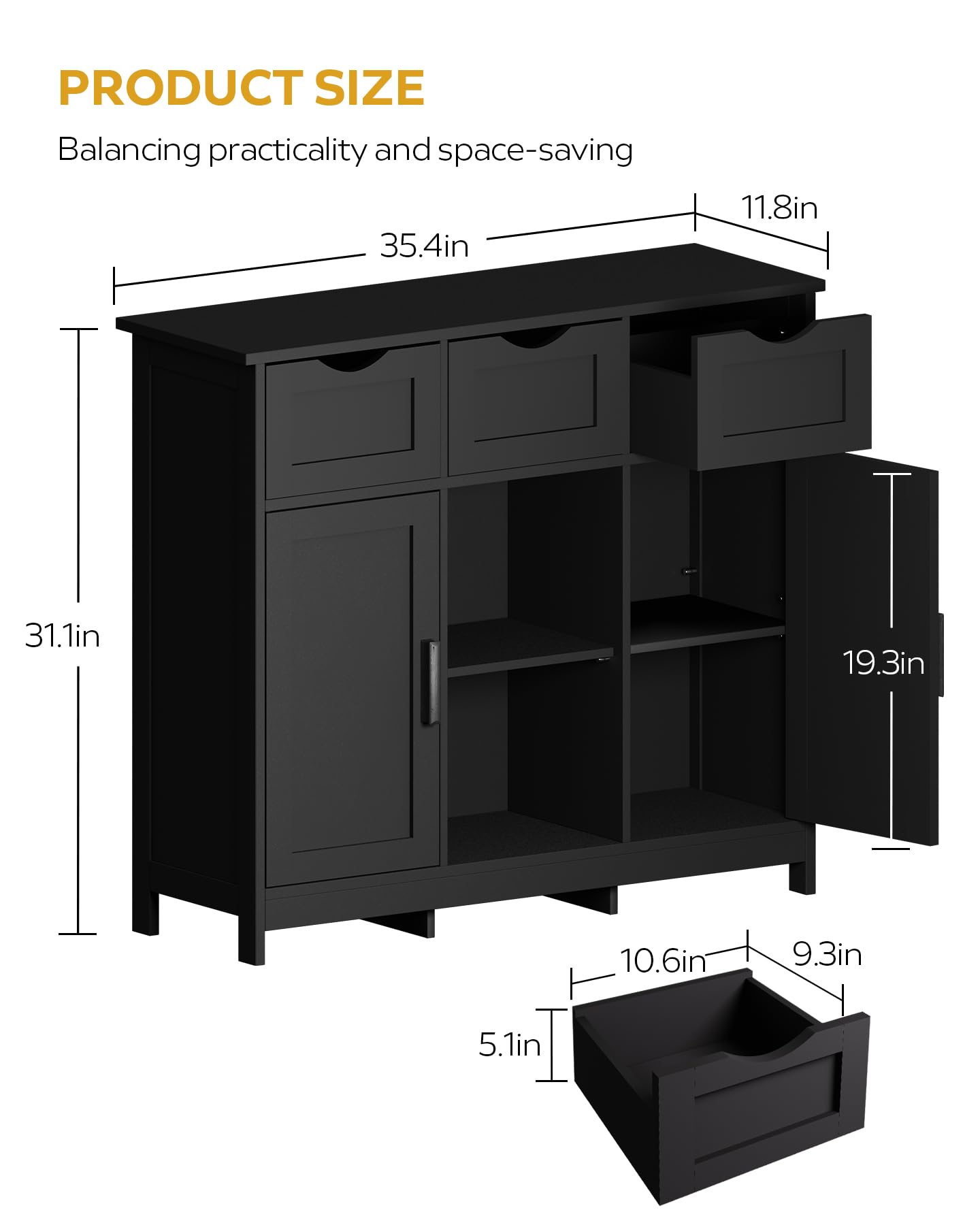 MIRROTOWEL Storage Cabinets，Wooden Floor Cabinet，with Drawers and Shelves Storage Cabinets，Accent Cabinet for Living Room， Bedroom，Bathroom Furniture Home Decor（Black）