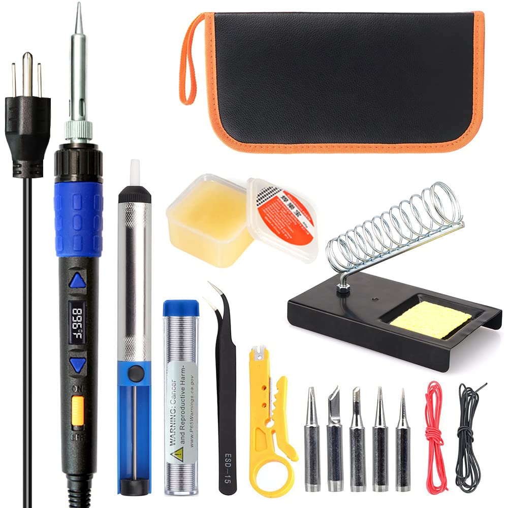 110W Electronics Soldering Iron Kit - LCD Digital Soldering Iron Adjustable Temperature, Wire & Cutter, Stand, Soldering Iron Tip Set, Desoldering Pump, Solder, Tweezers, Soldering Flux Paste LDK