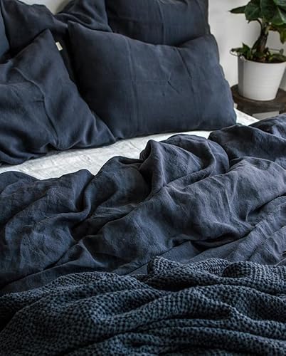 Ghasiram Textiles, Graphite Blue Linen Bedding Set - Duvet Cover & 2 Pillowcases - King Queen Full Double Twin Single - Anthracite Gray Blue Washed Soft Linen (Queen XL 90x98) Generic