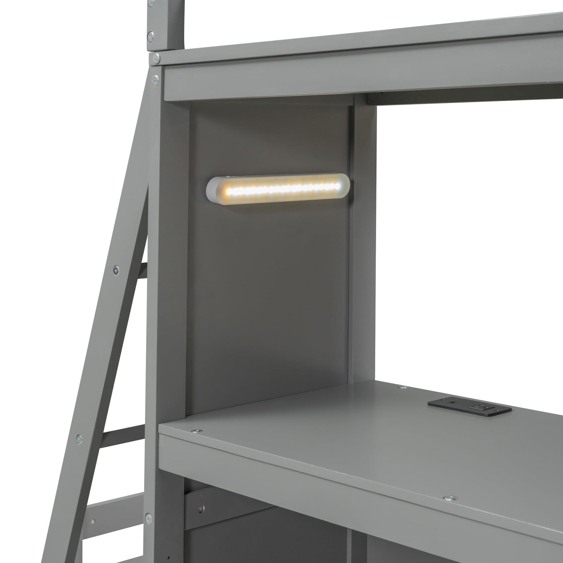 CKLMMC Twin Over Twin Bunk Bed with LED Light, USB Ports, Desks, Bookshelves, and 5 Drawers in Gray - WoodArtSupply