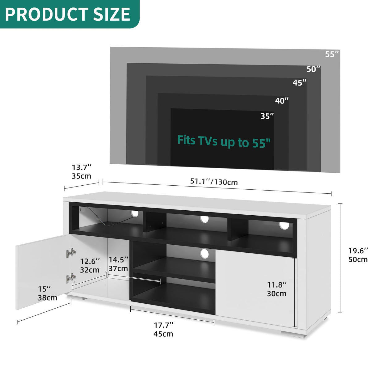 YITAHOME TV Stand for 55 inch TV, White Modern Entertainment Center with Storage, LED TV Stands for Living Room, High Glossy TV Console Cabinet, White & Black YITAHOME