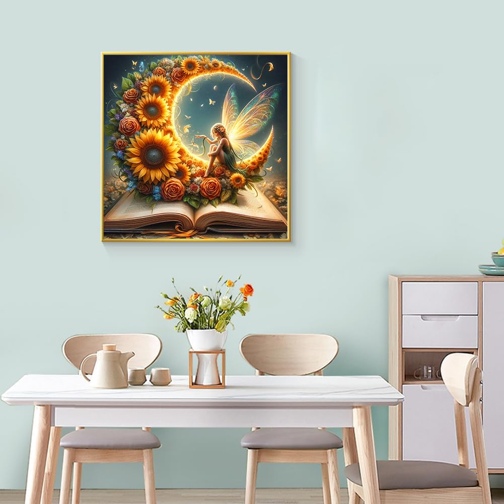 Ekuxom Fairy Diamond Painting Kits for Adults, Moon Fairy Diamond Art Kits for Adults, Round Book Diamond Painting Full Drill Book Diamond Art Painting for Home Wall Decor 14x14 inch Ekuxom