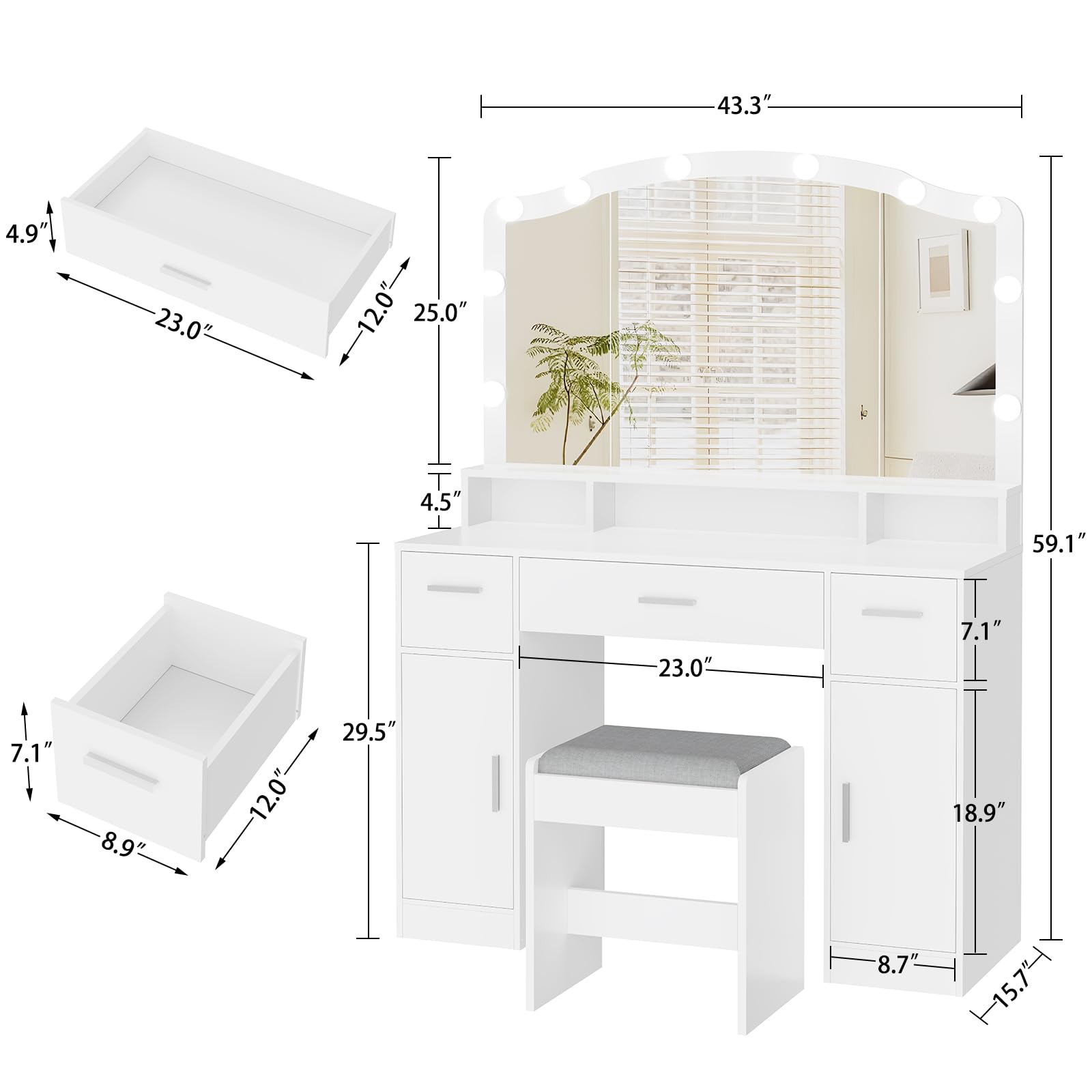 usikey Makeup Vanity with Lights, Vanity Desk, Makeup Vanity Table with 3 Drawers, 2 Cabinets & Long Storage Shelf, 10 Led Lights, Dressing Vanity Table with Stool, for Women, Girls, Bedroom, - WoodArtSupply