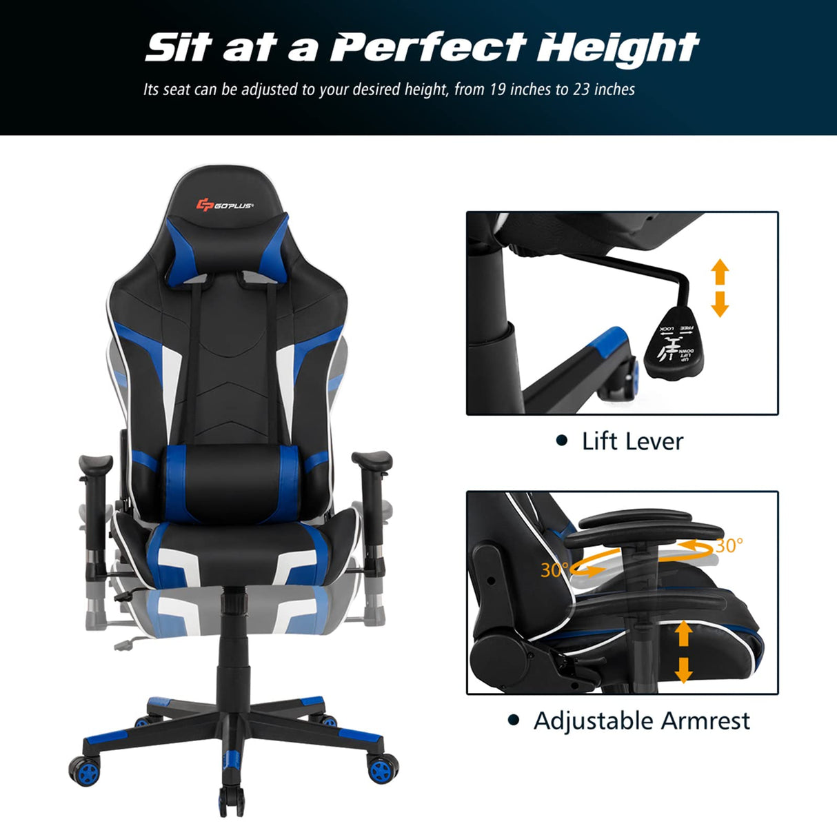 Goplus Gaming Chair, Massage Office Chair Computer Gaming Racing Chair, High Back PU Leather Adjustable Arms Headrest Ergonomic Reclining Game Chair, Rolling Swivel Executive Chair Goplus