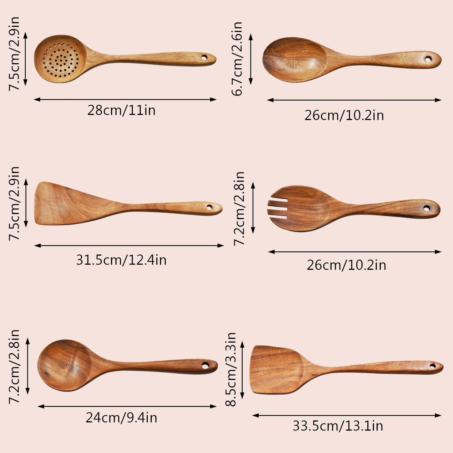 Wooden Spoon Set-6 Piece Wooden Cutlery-Daily Wooden Cutlery Cooking Spoon-Natural Teak Kitchen Set-Teak Cooking Utensils with Smooth Non-Stick Surface-For use in the kitchen when cooking