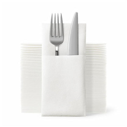 JEBBLAS Disposable Cloth Like Napkins, Built-in Flatware Pocket, Wedding Party Linen Feel White Napkin, Prefolded for Silverware,50 Count