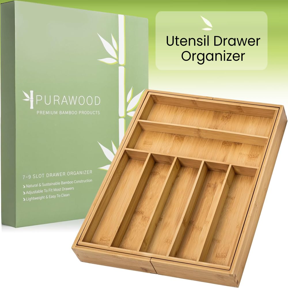 Purawood Bamboo Drawer Organizer - Expandable Silverware Organizer & Utensil Drawer Organizer, Cutlery Tray with Dividers, 7-9 Slots- Premium Kitchen Drawer Organizer for Utensils & Flatware (Natural) Purawood