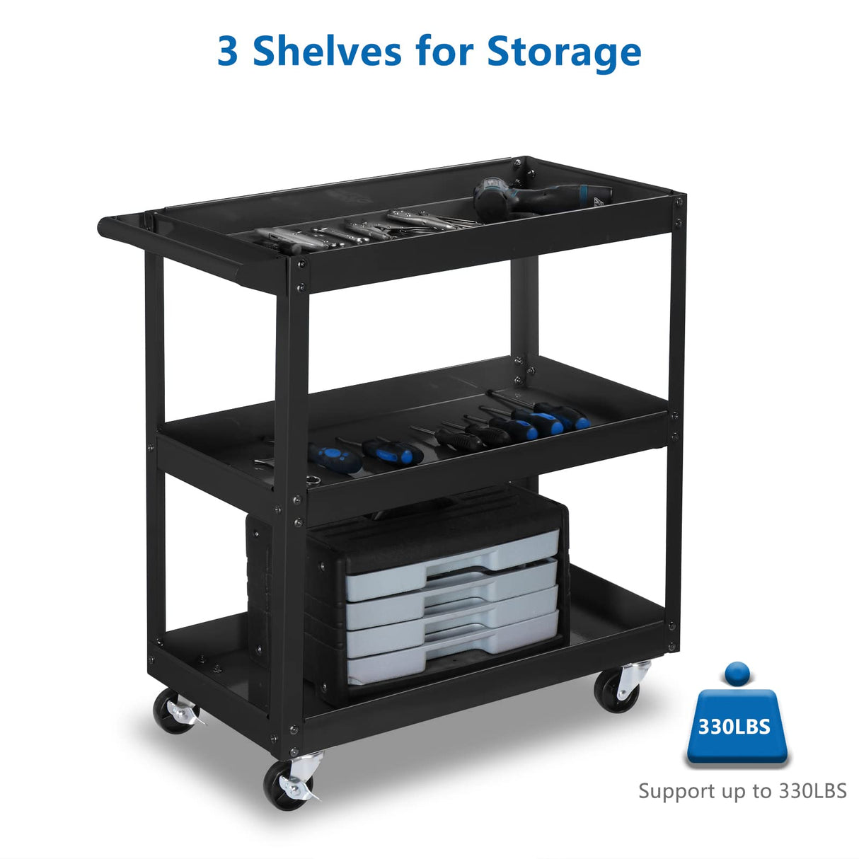 TUFFIOM 3 Tier Rolling Tool Cart, 330 Lbs Capacity, with Ergonomic Handle, Black TUFFIOM