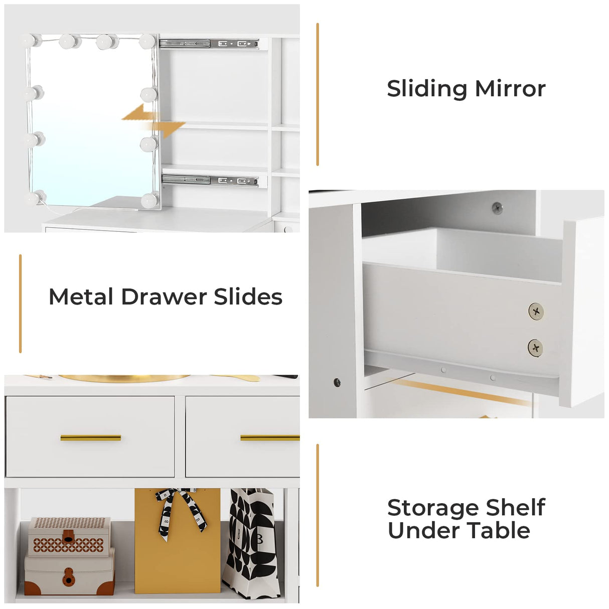 BTHFST Vanity Desk with Sliding Mirror and Lights, Makeup Vanity with Lights and Charging Station, Makeup Desk with 5 Drawers, Modern Vanity Table with Hidden and Open Storage Shelves, White BTHFST