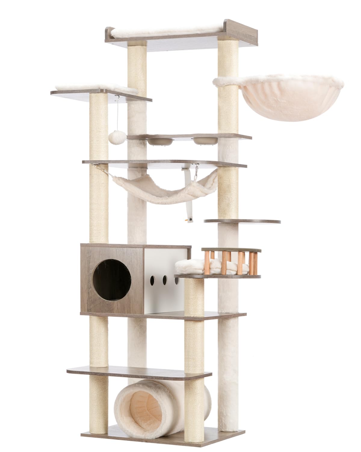 Gitelsnour Cat Tree, 64" Tall Wood Cat Tower for Indoor Cats Large Adult, Modern Cat Condo with Scratching Post and Food Station, Cat Tunnel, 2 Cat Bowls, Hammock, Rustic Gray GCT101-MSG Gitelsnour