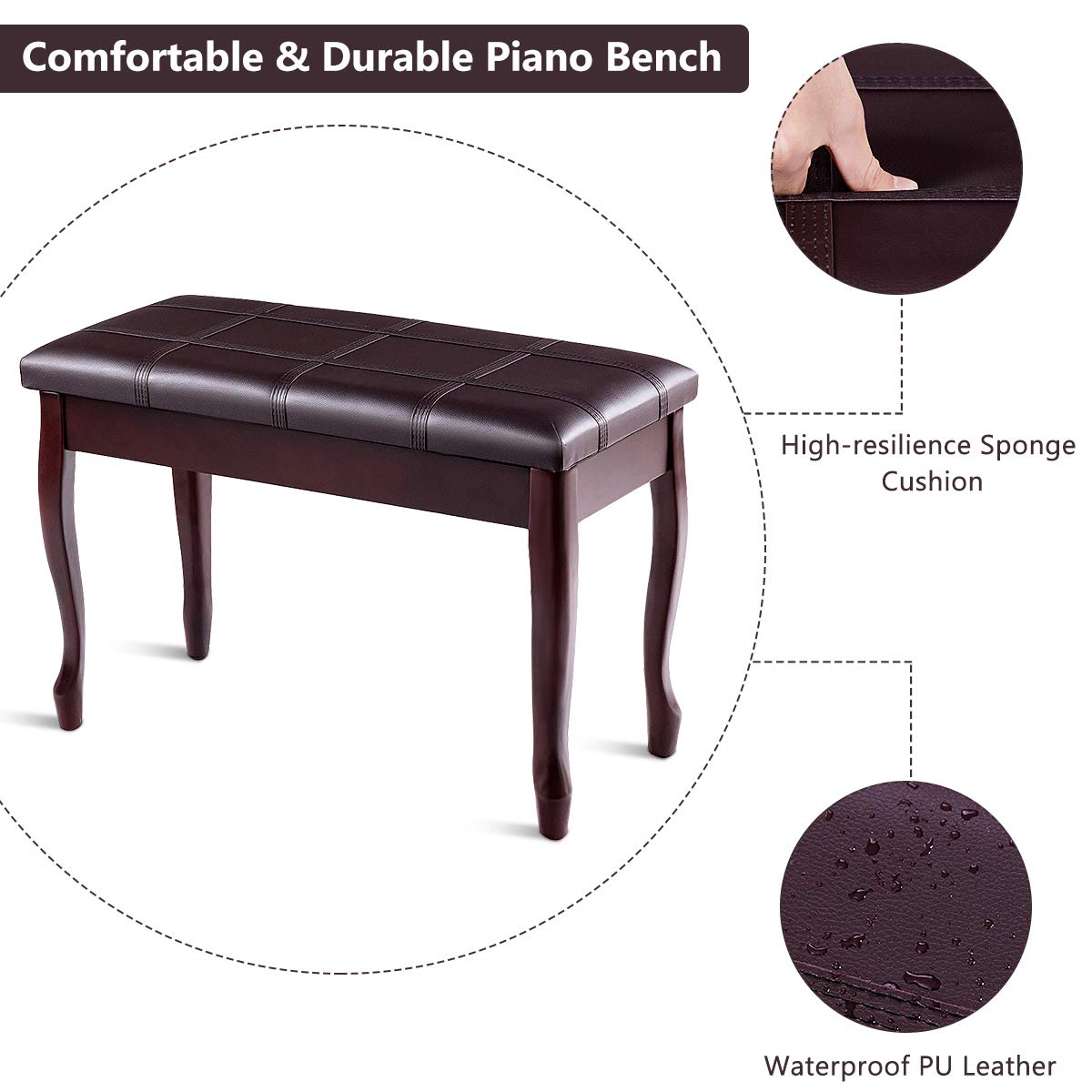 GOFLAME Piano Bench Stool with Padded Cushion and Music Storage, Heavy Duty Piano Duet Seat with PU Leather Padded Seat and Solid Wooden Legs, GOFLAME