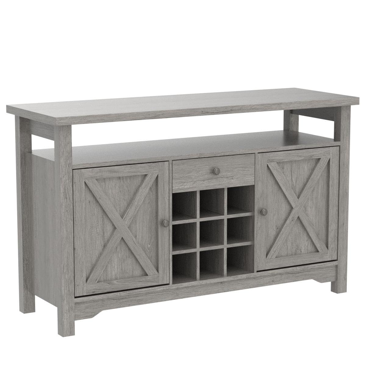 Coffee Bar Cabinet with Storage, 47'' Coffee Bar Station Cabinet, Farmhouse Coffee Bar Buffet Cabinet Gray with Drawer, 9 Wine Racks, Barn Doors for Dining Room, Living Room - WoodArtSupply