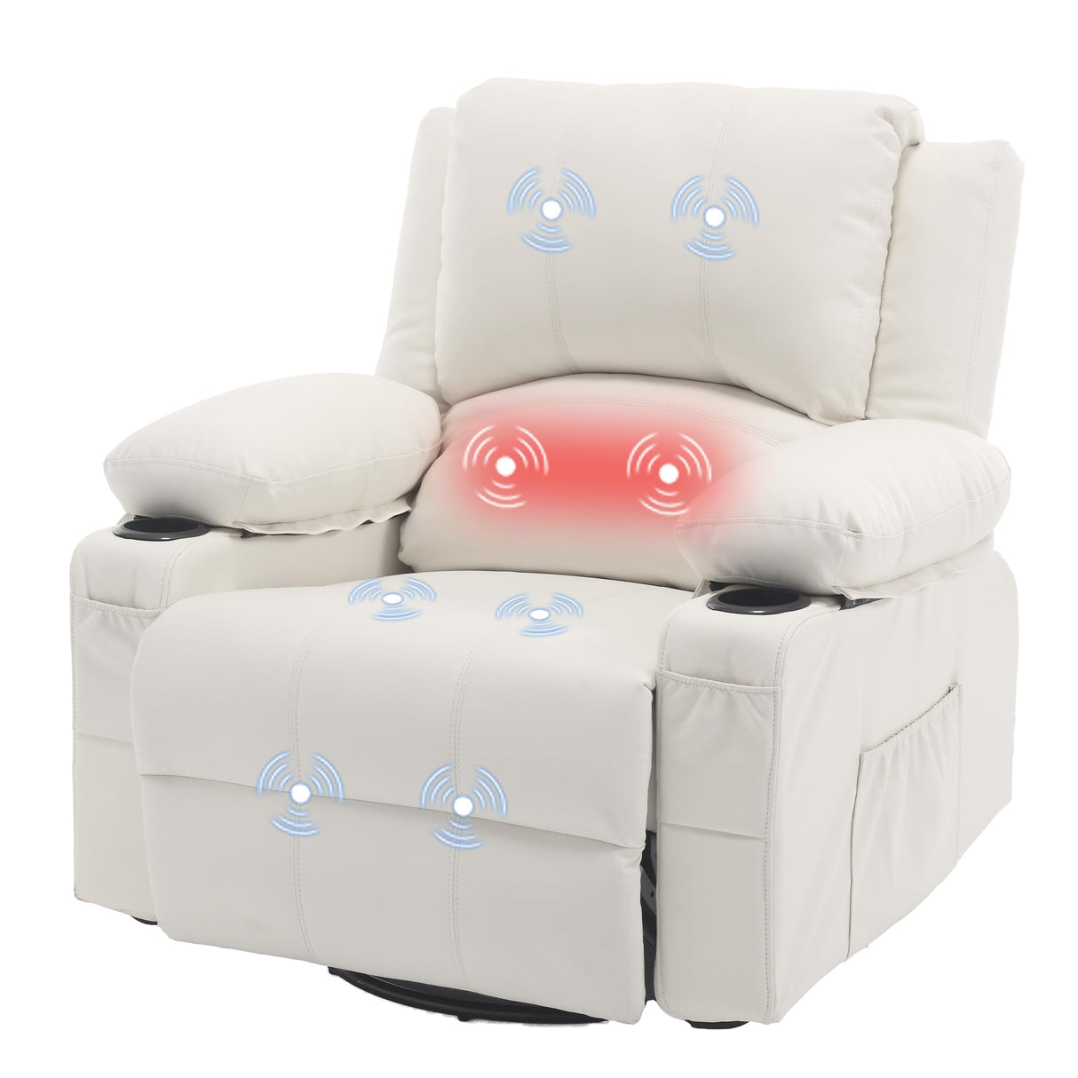 Massage Swivel Rocker Recliner with Lumbar Heat, Overstuffed PU Leather Recliners for Living Room, Modern Single Rocking Chair for Adults, Manual Rocker Recliner with Cup Holders for Bedroom, White Comermax