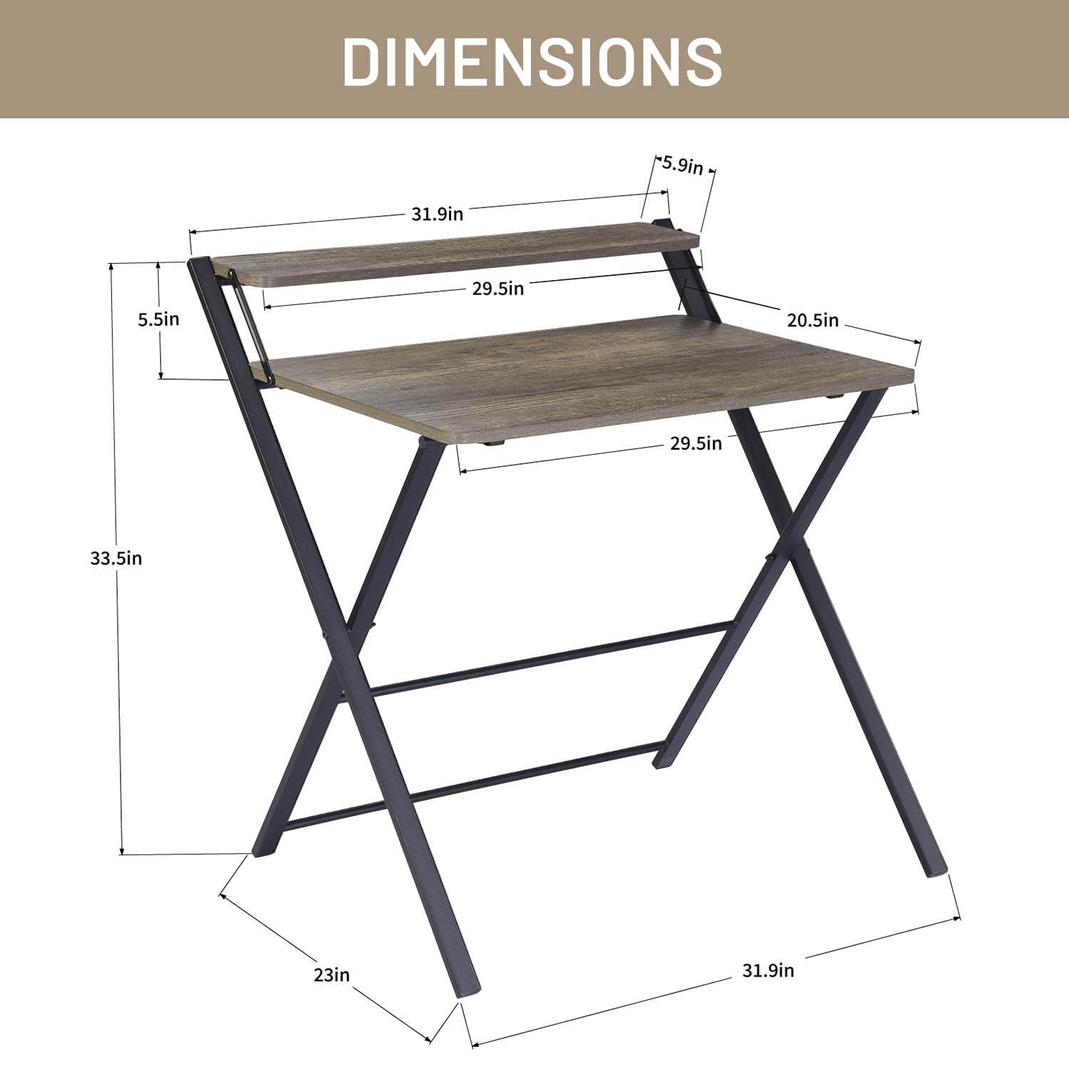 Folding Desk, 31.9 Inch Foldable Writing Table 2 Tier, Computer Desk for Home Office Study, Metal Frames/Wood Table Top, Space Saving, No Assembly Required, Brown - WoodArtSupply