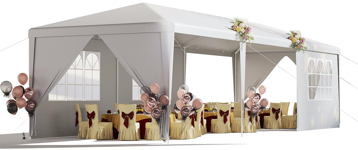 EROMMY 10x30 FT Party Tent, Outdoor Waterproof Wedding Canopy with 6 Sidewalls & 2 Zippered Doors for Birthday Parties, Holiday BBQ & Event Shelters，White EROMMY