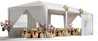 EROMMY 10x30 FT Party Tent, Outdoor Waterproof Wedding Canopy with 6 Sidewalls & 2 Zippered Doors for Birthday Parties, Holiday BBQ & Event Shelters，White