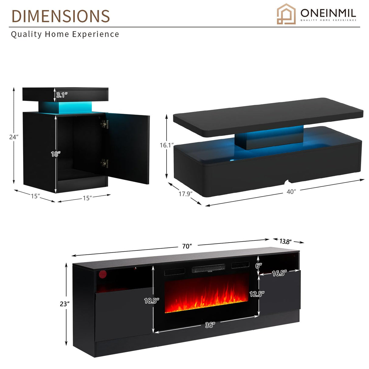 oneinmil 4-Piece Table Set Includes A Modern Coffee Table, A 70 Inch TV Stand with 36 Inch Electric Fireplace and 2 LED Light Nightstands, Elegant Black Tables for Living Room, Bedroom, Black oneinmil