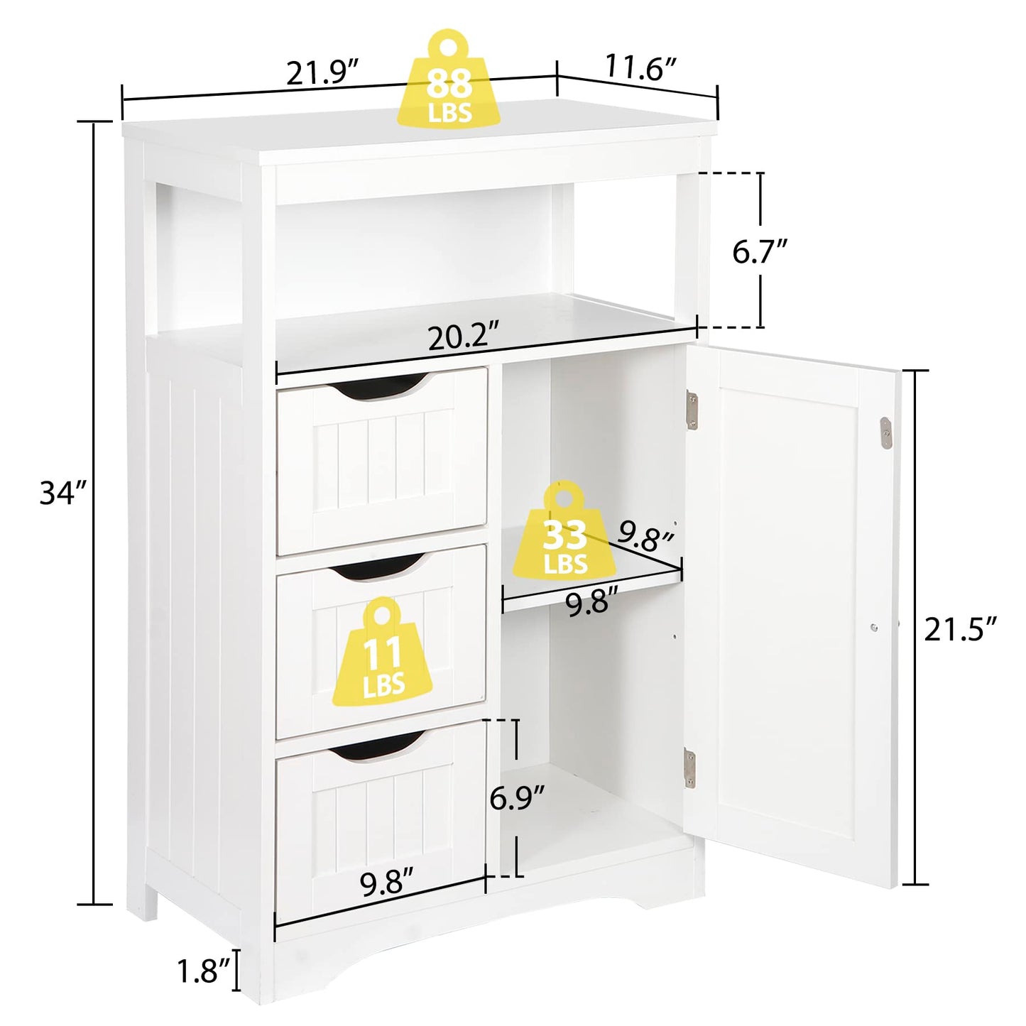 ZENY Bathroom Floor Cabinet Wooden Storage Organizer with Adjustable Shelf and 3 Drawers, Modern Free-Standing Cupboard for Living Room, Bathroom, Bedroom, White