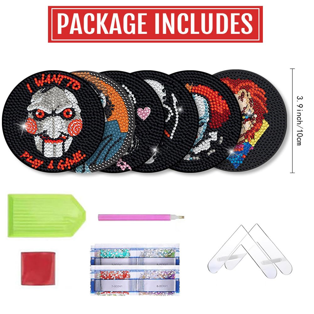 6 PCS Diamond Painting Coasters Kits with Holder Horror Halloween, DIY Funny Jack Skull Diamond Art Coaster Sets for Beginners Adults and Kids Art Craft Supplies Holiday Gift Bysincy