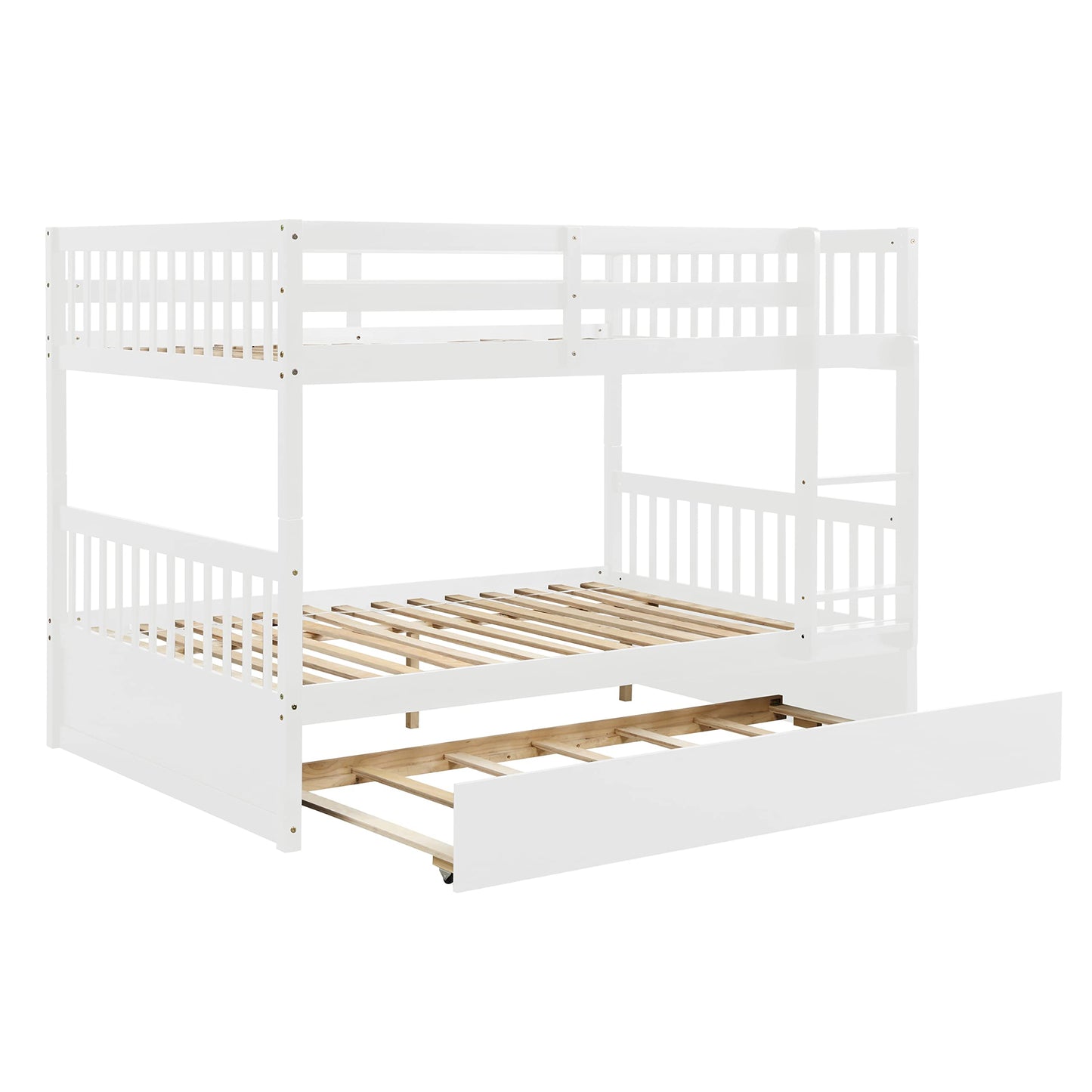 PVWIIK Full Over Full Bunk Bed with Trundle and Ladder for Kids Bedroom,Wood Bed Frame with Safety Rails,Convertible to 2 Bed,No Box Spring Needed,White