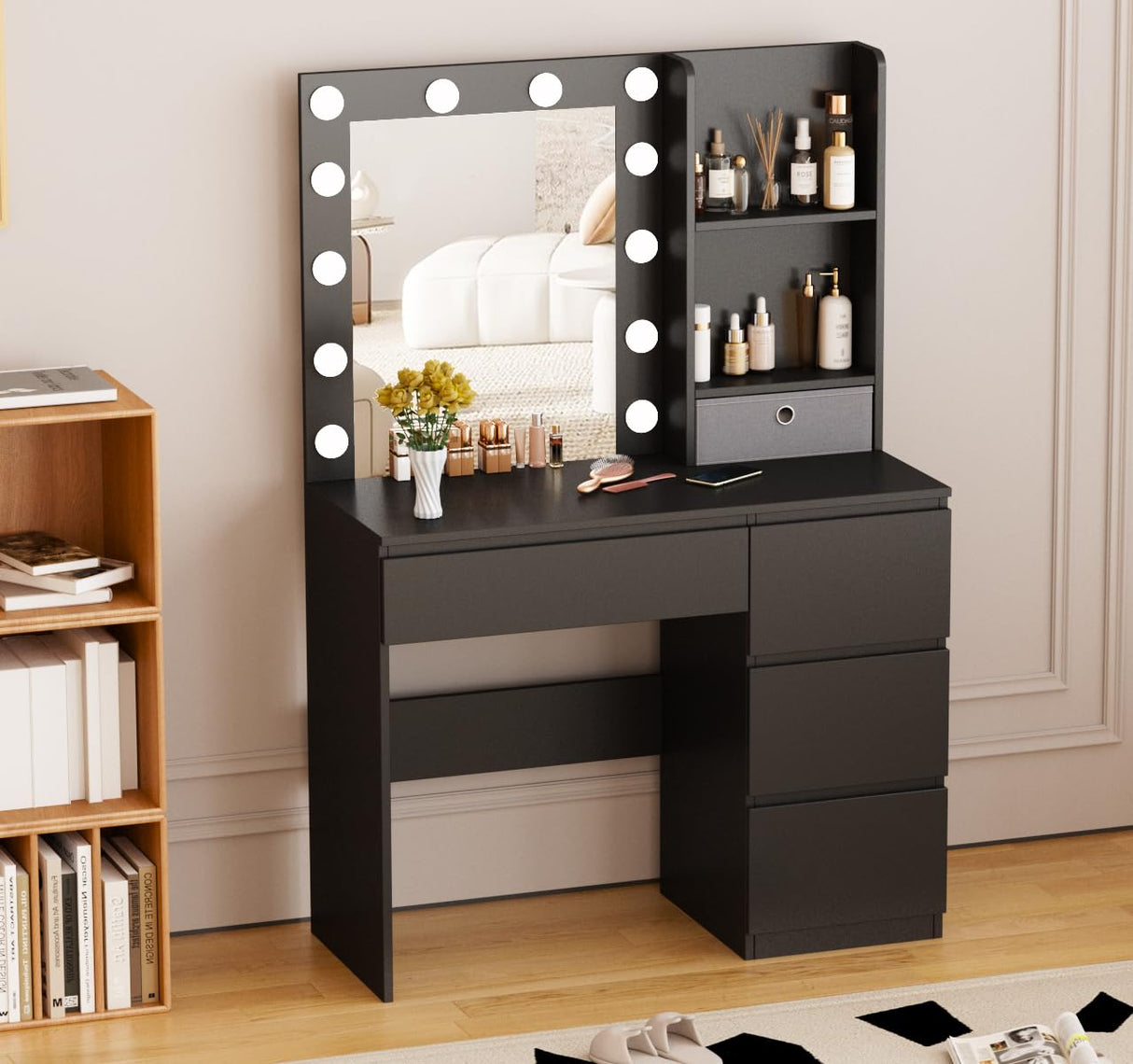 Vabches Makeup Vanity with Lights, 37inch Vanity Desk, 4 Large Drawers Dresser with Lighted Mirror, 3 Lighting Modes Brightness Adjustable, Black Vabches