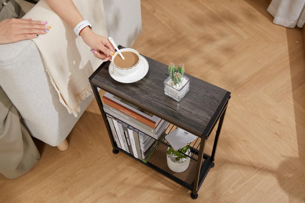 Dulcii Small Side Table for Small Spaces - Slim End Table with Magazine Holder Narrow End Table Living Room - Skinny Bedside Table Nightstand Bedroom Thin Side Table (Grey) Dulcii