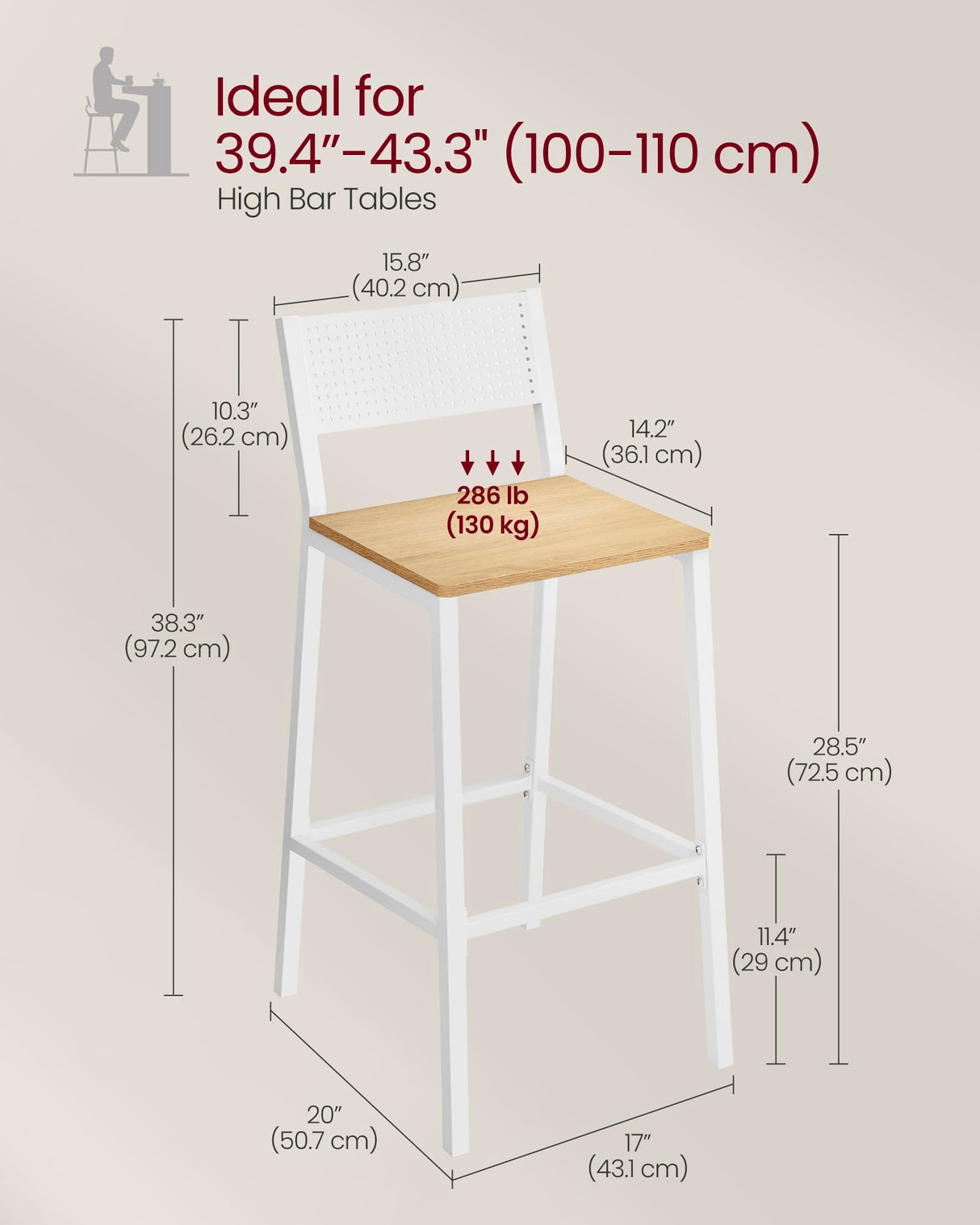 VASAGLE Bar Stool Set of 2, Bar Chairs for Kitchen, Dining Room, Industrial, Oak Beige and White ULBC070W09 VASAGLE