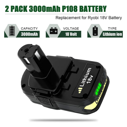 TOPBATT 2Pack P108 P102 3.0Ah Replacement for Ryobi 18V Battery and P117 Charger Combo Compatible with Ryobi 18 Volt Battery P103 P104 P105 P107 P109 P190 P191 P122 Cordless Tool - WoodArtSupply