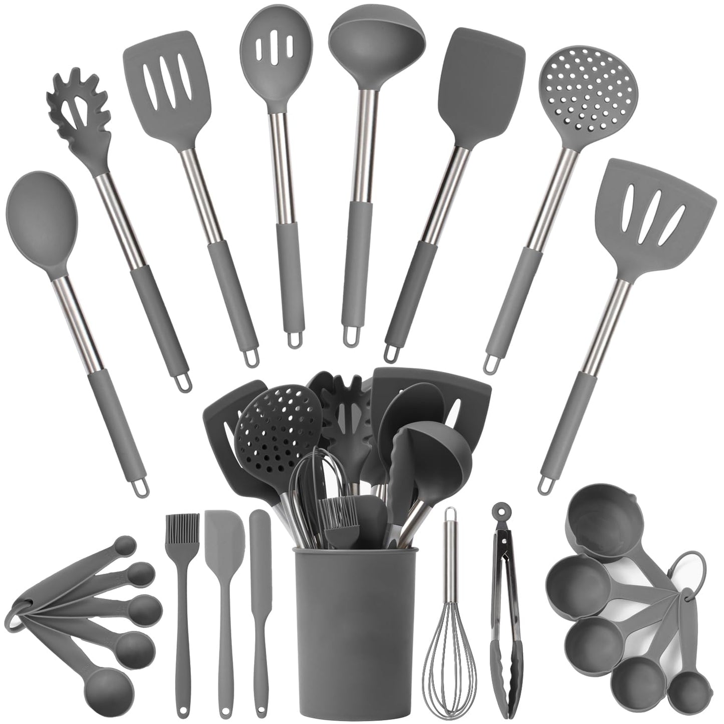 Silicone Kitchen Utensils Set - Culinary Couture 24-Pieces Grey Silicone Cooking Utensils Set for Nonstick Cookware - Silicone Spatulas Set, Stainless Steel Handle & Other Kitchen accessories