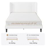 SHA CERLIN Queen Size Velvet Upholstered Platform Bed Frame with Vertical Channel Tufted Wingback Headboard, Wooden Slats Support, Easy Assembly, Under Bed Storage, No Box Spring Required, White SHA CERLIN