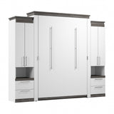 Bestar Orion Queen Murphy Bed with Storage Cabinets and Pull-Out Shelf (106W) in White and Walnut Grey, Sleeping Arrangement with Shelves Bestar