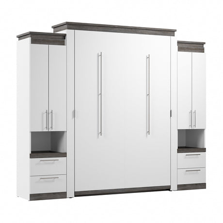 Bestar Orion Queen Murphy Bed with Storage Cabinets and Pull-Out Shelf (106W) in White and Walnut Grey, Sleeping Arrangement with Shelves Bestar