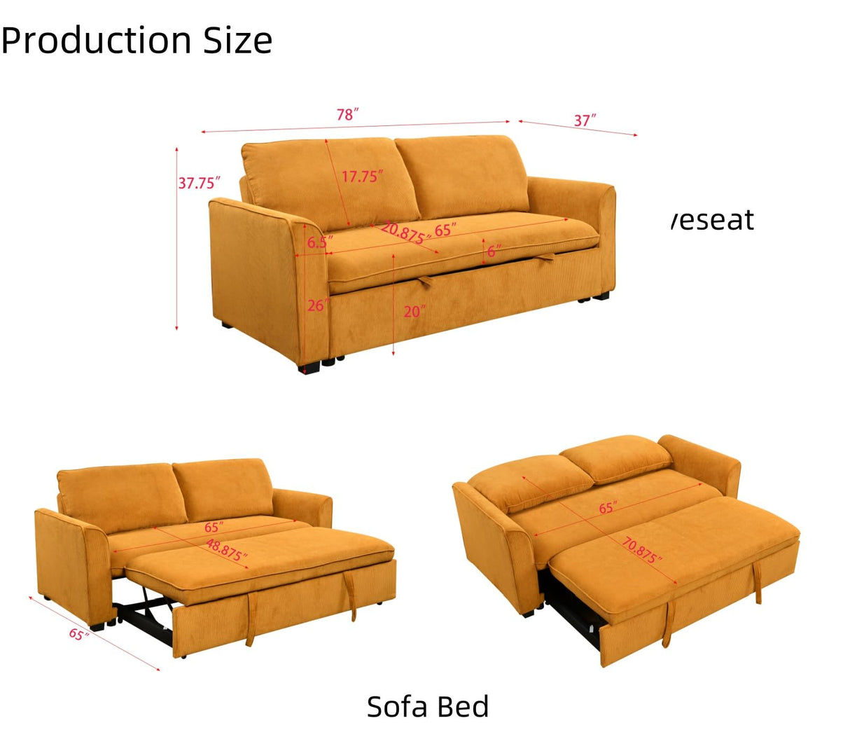 ZIGHTH 78" Queen Size Convertible Sleeper Sofa Couch Bed, Pull-Out Futon Loveseat Sofas Couches Bed with Adjustable Backrest for Living Room, Small Spaces, RV. Mustard Yellow ZIGHTH