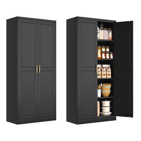 Pantry Cabinet, 71 Inch Tall Kitchen Storage Cabinet, Metal Pantry Cabinet with Doors and Adjustable Shelves, Black Food Cupboard Freestanding Cabinet for Living&Dinning Room-Assembly Required Polup
