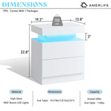 AMERLIFE High Gloss LED Nightstand Set of 2 with Charging Station, Modern Bedside Table Night Stand with LED Lights, Sofa End Side Tables with Drawers for Bedroom Living Room, White AMERLIFE