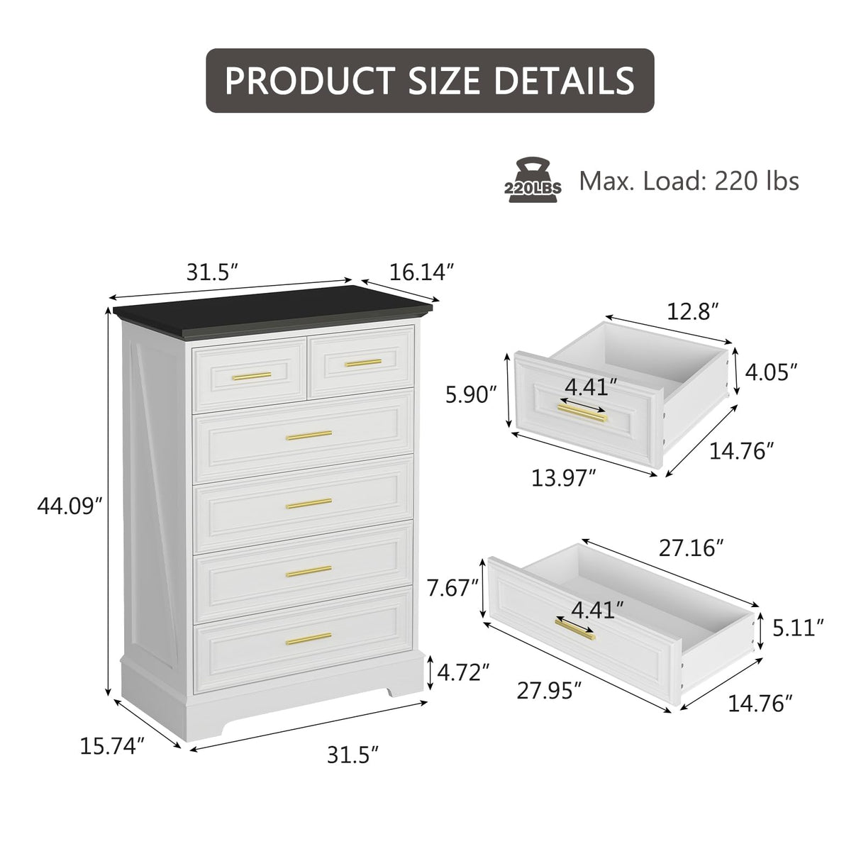 Virabit White Dresser for Bedroom with 6 Drawers, 44" Tall Wooden Farmhouse Cabinet, Modern Kids Dresser with Metal Handle, Mid Century Chest of Organizer for Closet, Living Room, Hallway Virabit