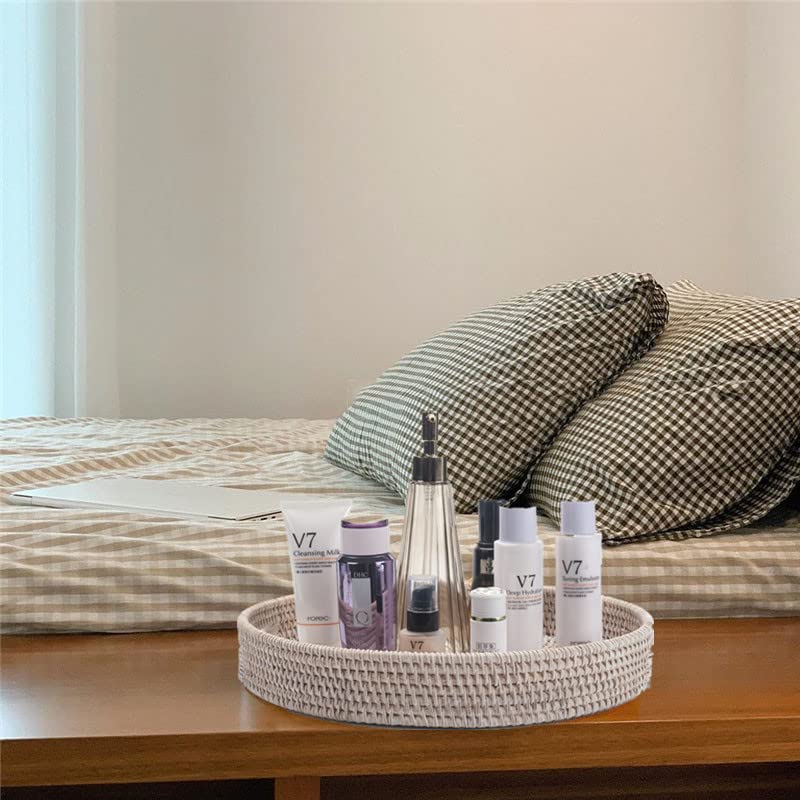 13.8 inch Round Rattan Tray, Decorative Coffee Table Tray, Ottoman Tray, Woven Serving Tray with Handles, Wicker Serving Basket, Whitewash YANGQIHOME