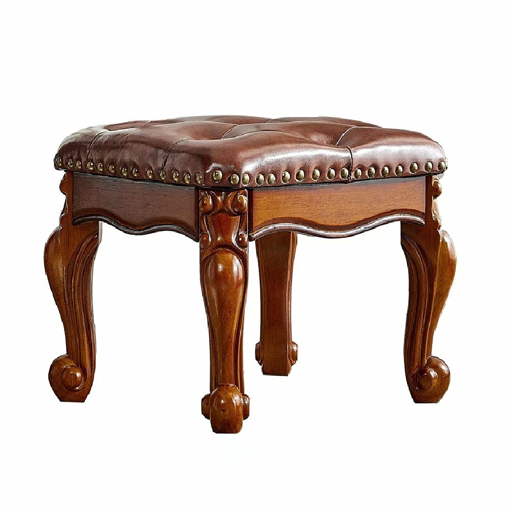 ZIRKOOON Wooden Foot Stool Square Rubberwood Ottoman Footrest Leather Cushion Sofa Stool for Living Room, Bedroom, Simple Assembly (Brown) ZIRKOOON