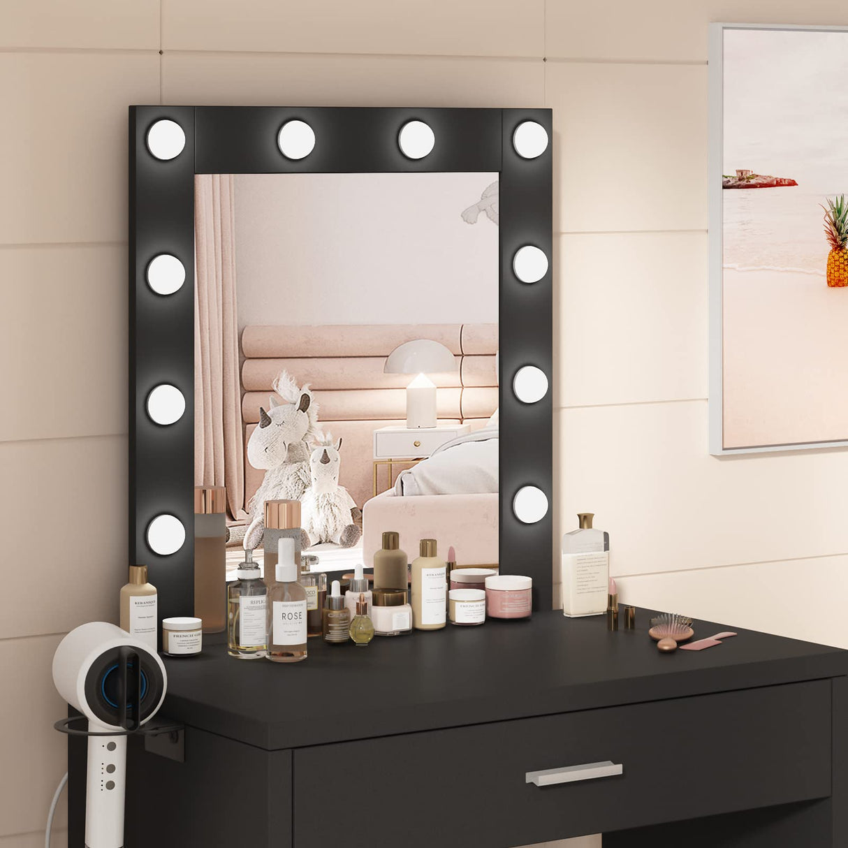 Titoni Makeup Vanity Desk with Mirror and Lights, Black Vanity Table and Chair Set, Brightness Adjustable, Small Vanity for Girls' Bedroom Titoni