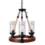 Wellmet Farmhouse Chandelier, Wood Wagon Wheel Chandelier with Seeded Glass Shade, Hanging Rustic Round 3 Lights Ceiling Pendant Lighting Fixture for Dining Room, Living Room,Foyer, Kitchen Island Wellmet