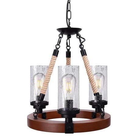 Wellmet Farmhouse Chandelier, Wood Wagon Wheel Chandelier with Seeded Glass Shade, Hanging Rustic Round 3 Lights Ceiling Pendant Lighting Fixture for Dining Room, Living Room,Foyer, Kitchen Island Wellmet