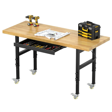 Cemostey 60" Solid Wood Work Bench with Drawers, Work Table with Wheels, Heavy-Duty Workbench with Power Outlet, 3000 LBS Load Capacity Portable Workbench for Garage, Workshop, Office, Home Cemostey