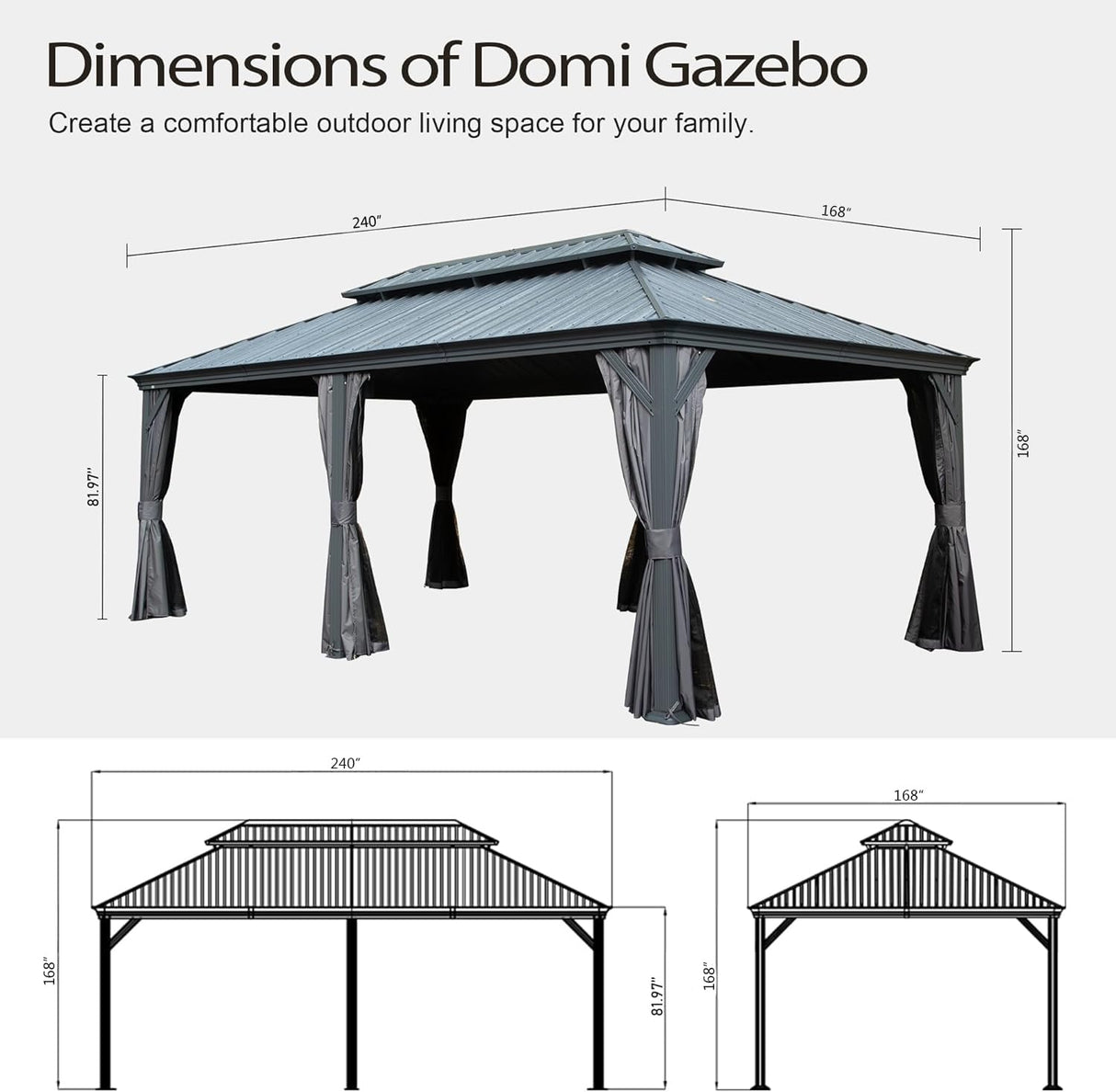 Domi 14x20FT Outdoor Gazebo, Hardtop Gazebo with Galvanized Steel Double Roof, Metal Gazebos with Drainage System Patio Pergola for Patio Deck Backyard,Curtain and Netting,Gray domi outdoor living