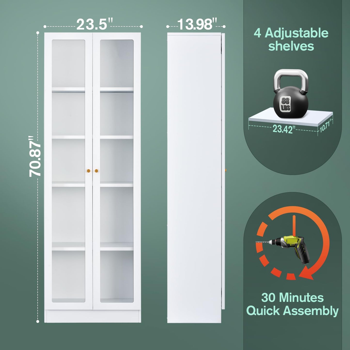 IRONMIX 70.87 Inch Tall White Enclosed Bookshelf with Acrylic Door and Adjustable Shelves - WoodArtSupply