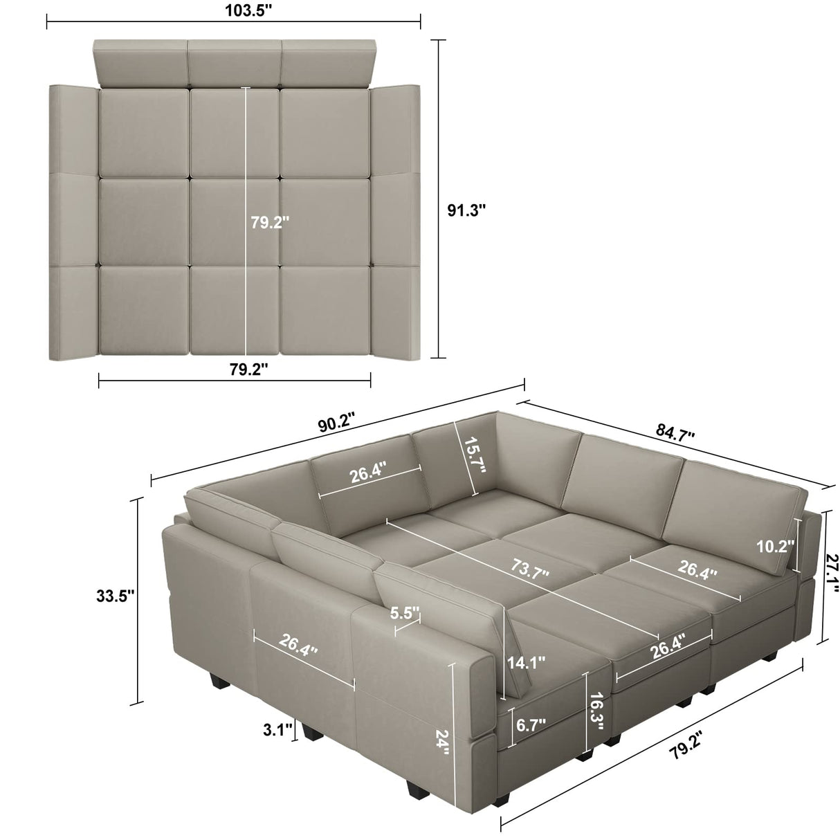 Belffin Modular Sectional Sofa with Ottomans Velvet Reversible Chaise Sleeper Bed Storage Seat Grey…, MD-S-1 Belffin