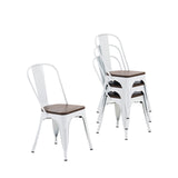 Nazhura Metal Dining Chair Farmhouse Tolix Style for Kitchen Dining Room Café Restaurant Bistro Patio, 18 Inch, Stackable, Waterproof Indoor/Outdoor (Sets of 4) (White with Wood Padding) Nazhura